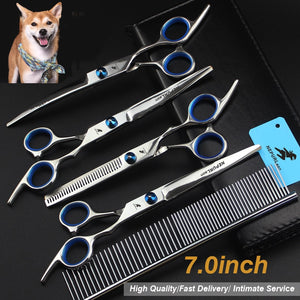 7.0inch Blue Pet Grooming Scissors Set Straight Cut Teeth Cut Fish Bone Scissors