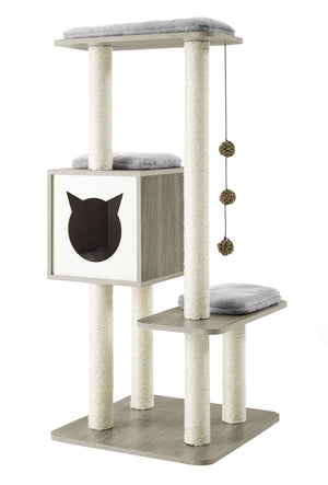 Big Up Pet Shop Elegant Wooden Modern Cat Tree Cat Condo Multi-Level Towers Cat Activity Tower with Scratching Posts, with Removable and Washable Mats (High Tower)